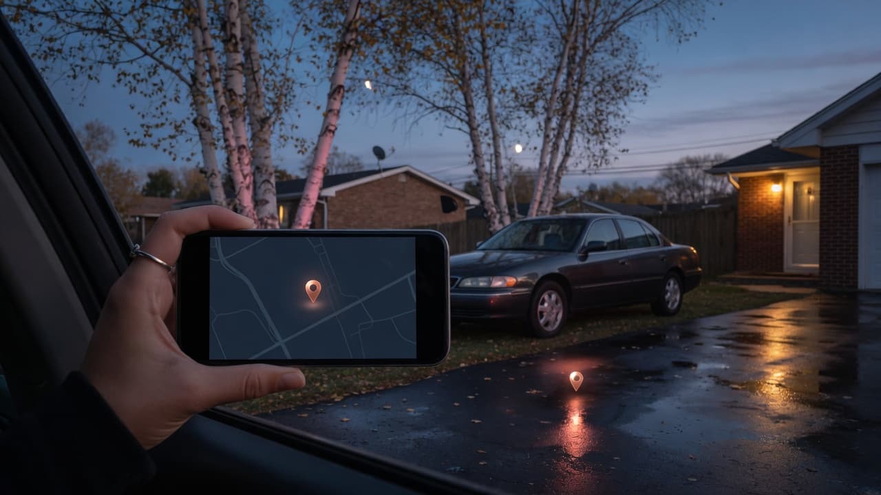 A phone showing a single pin, a car in an Illinois driveway at dusk